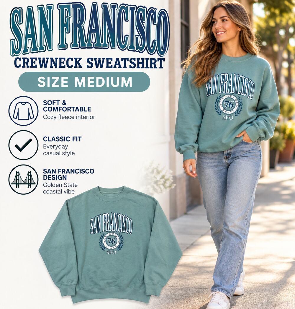 San Francisco Golden State 76 SFO Graphic Crewneck Sweatshirt | Blue | Size M